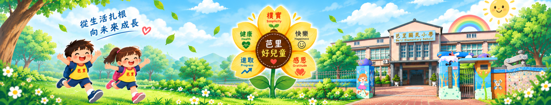 芭里國小五大願景-樸實/健康/快樂/感恩/進取