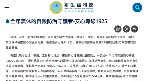全年無休的自殺防治守護者-安心專線1925-						衛生福利部logo或縮圖