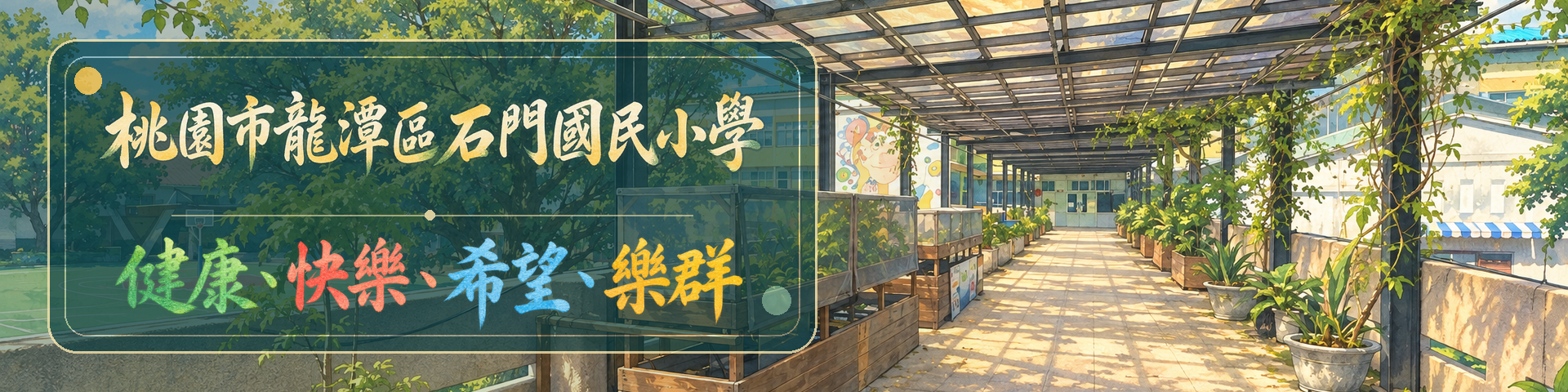 石門國小校園棚架通道與綠意種植箱的手繪動畫風格 Banner；圖中文字為「桃園市龍潭區石門國民小學」及「健康、快樂、希望、樂群」。
