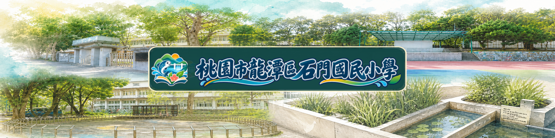 石門國小校園水彩 Banner：校門、操場、樹木與右下生態水池；中央深綠面板放置放大的石門國小校徽與校名「桃園市龍潭區石門國民小學」。